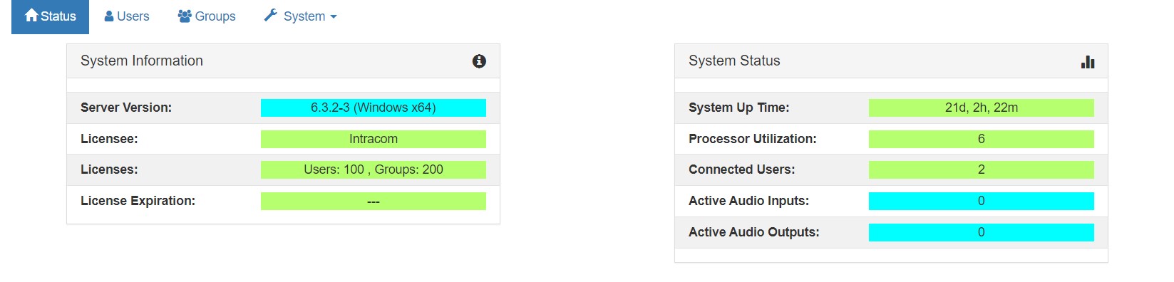 screenshot of the telex RDC system status page