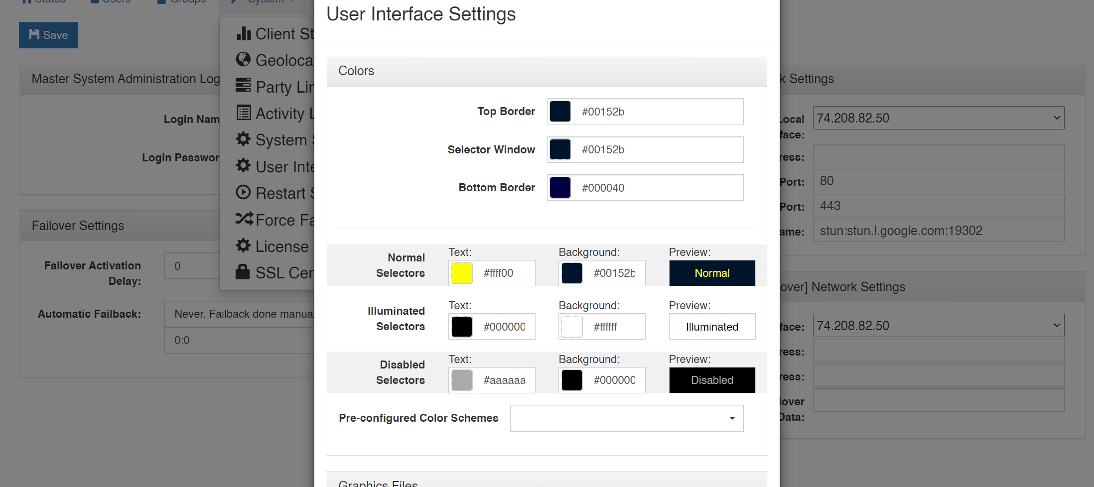 screenshot of the telex RDC user interface settings